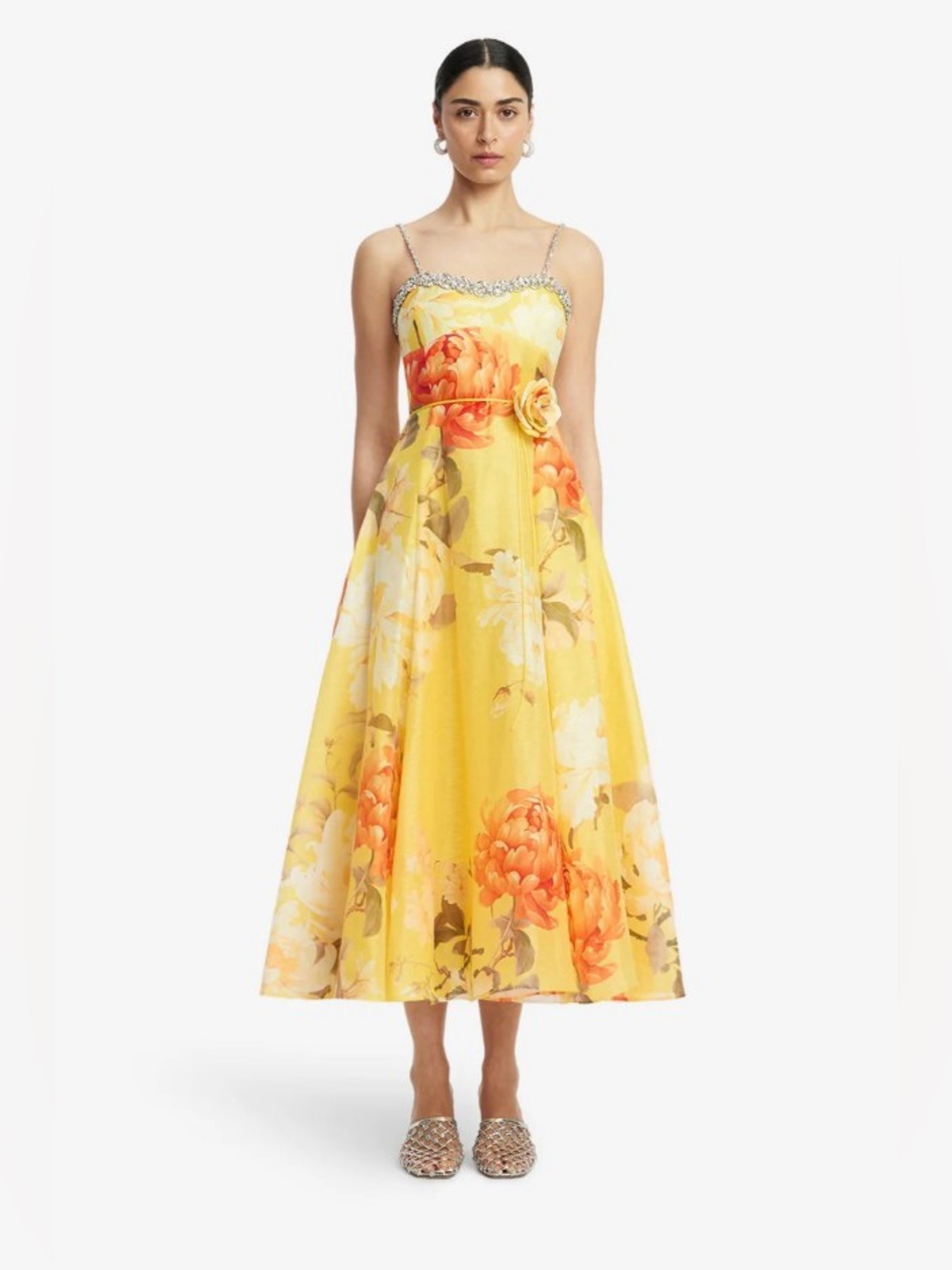 Leo Lin Mariela Silk & Linen Yellow Peony Floral Embellished Midi Dress AU8/US4